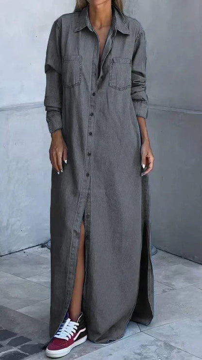 Women's Spring Lapel Long Sleeve Denim Wear Dresses