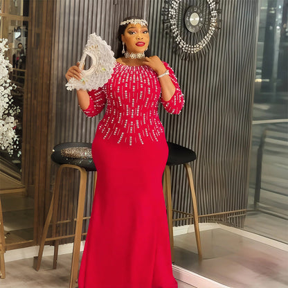 Women's African Fashion Rhinestone Formal Dress Solid Dresses