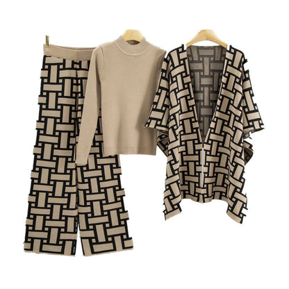 Women's High-grade Elegant Shawl Fashionable Jacquard Three-piece Sweaters