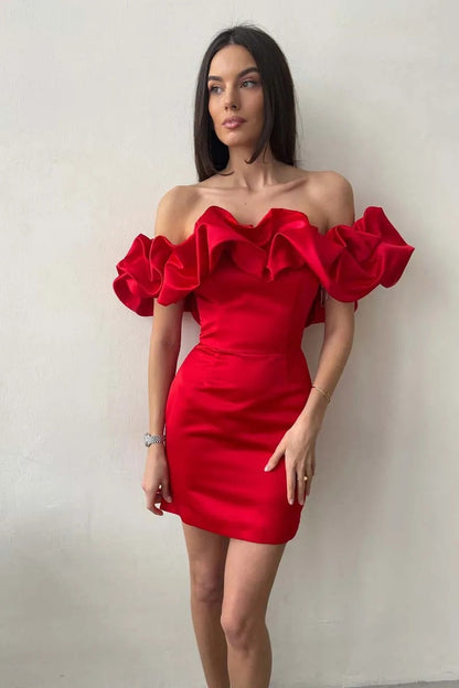 Women's Summer Ruffled Dress Sexy Oblique Shoulder Dresses