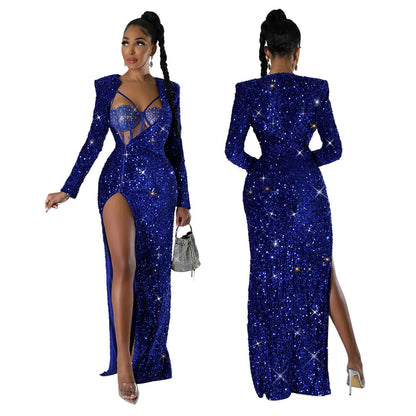 Women's Color Sequins Sexy Slit Maxi Dress Suits