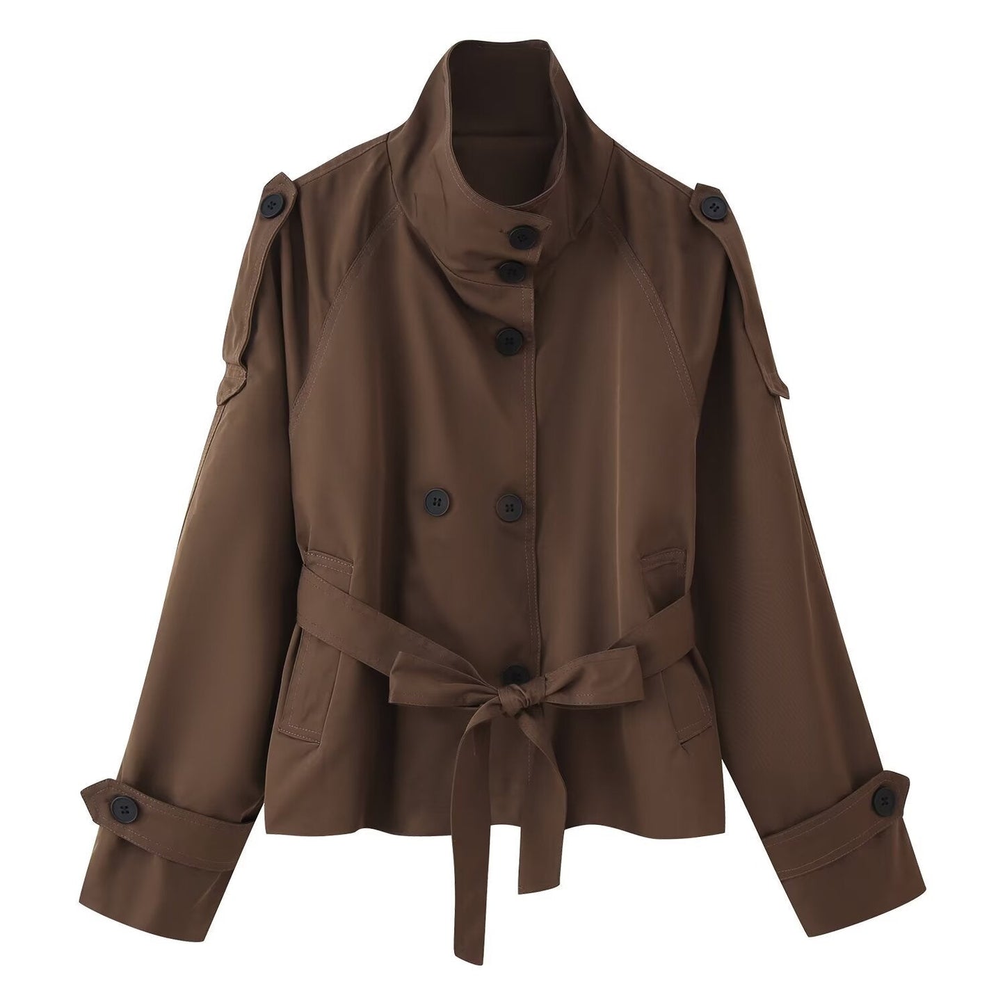 Women's Collar Long Sleeve Double Breasted Knotted Pocket Casual Coats