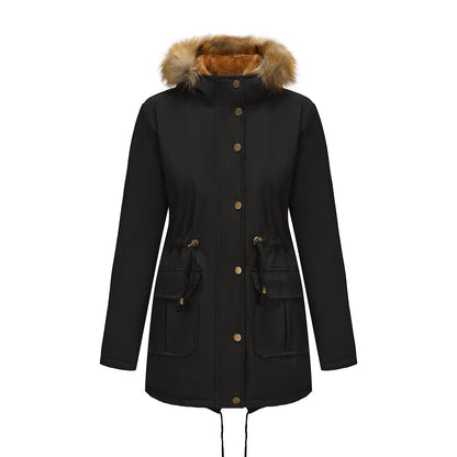 Women's Fleece-lined Parka Hooded With Fur Collar Mid-length Coats