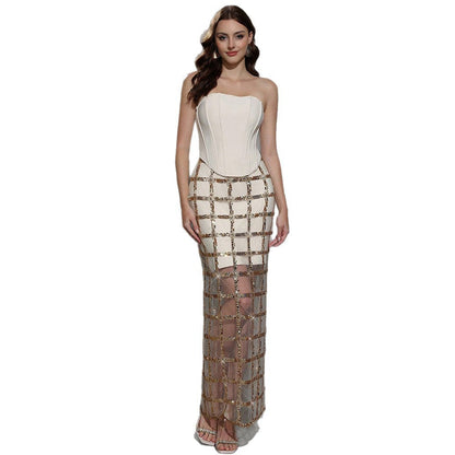 Women's Mesh Bandage Stitching Sexy Tight Maxi Dresses