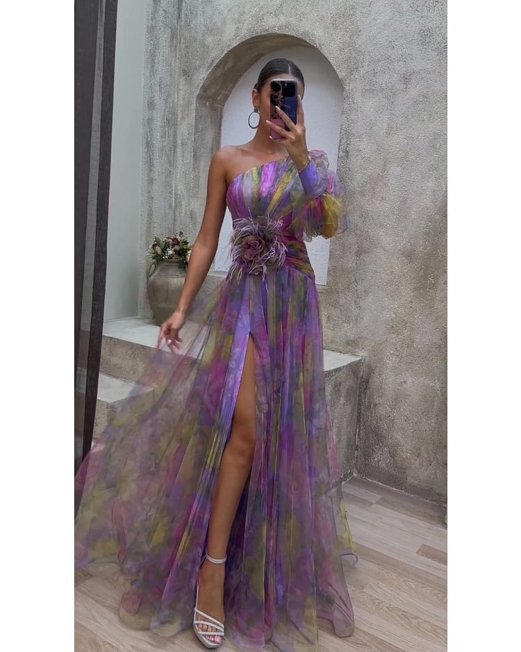 Women's Shoulder Long Sleeve Floral Yarn Dress Dresses