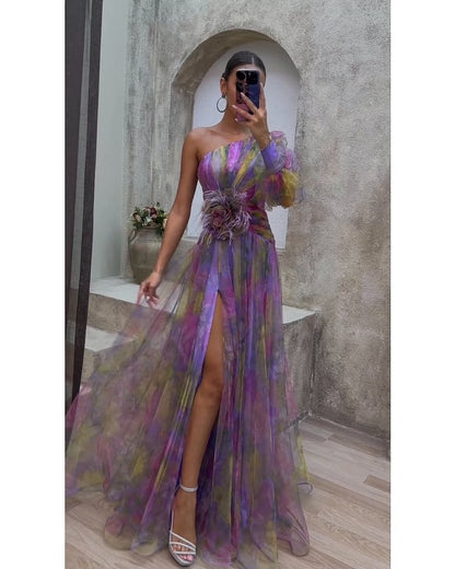 Women's Shoulder Long Sleeve Floral Yarn Dress Dresses