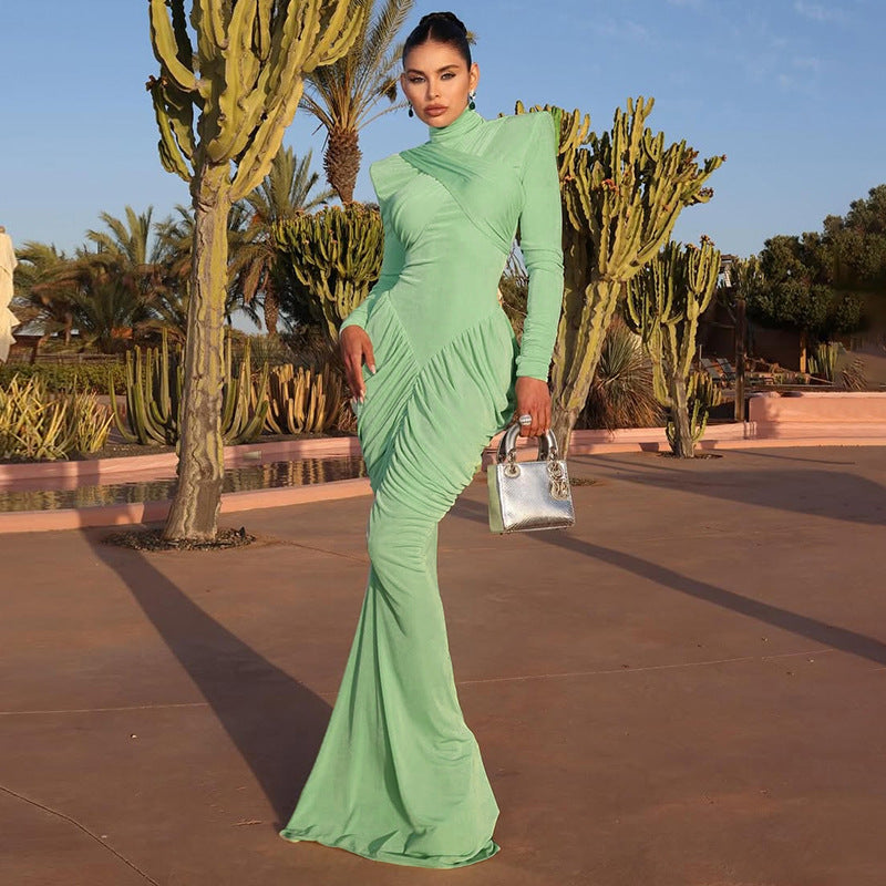 Women's Temperament High Collar Solid Color Long Dresses