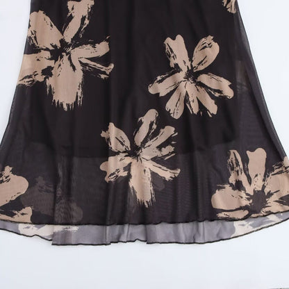 Women's French Retro Swing Collar Printed Mesh Dresses