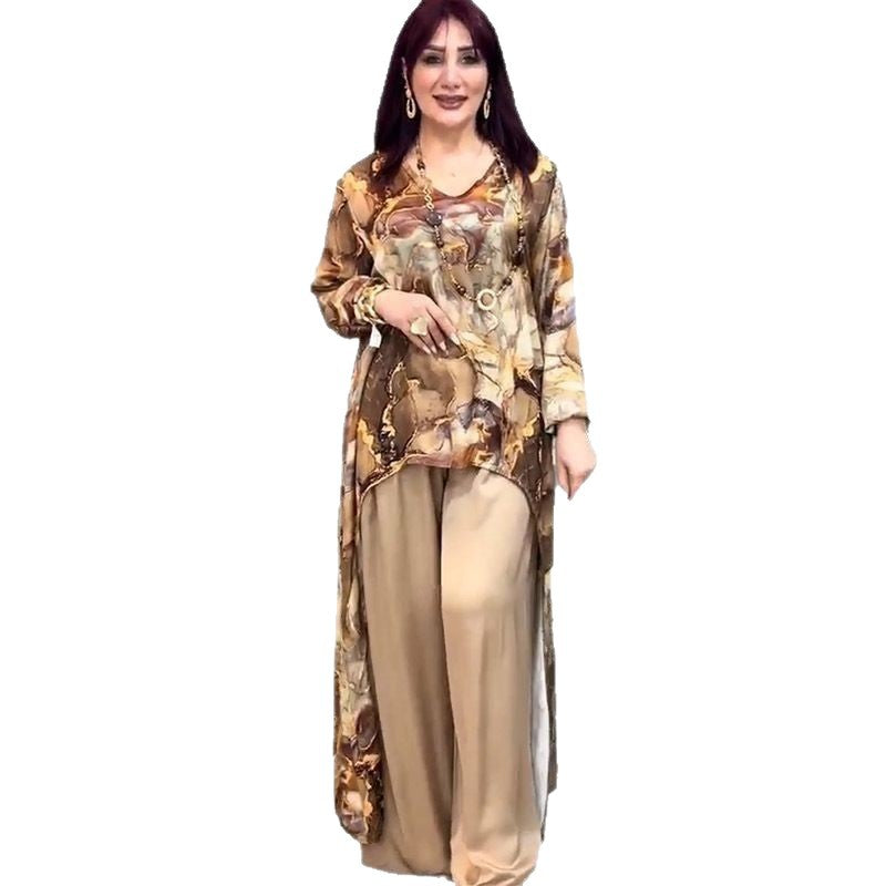 Women's Summer Fashion Printed Shirt Wide Leg Suits