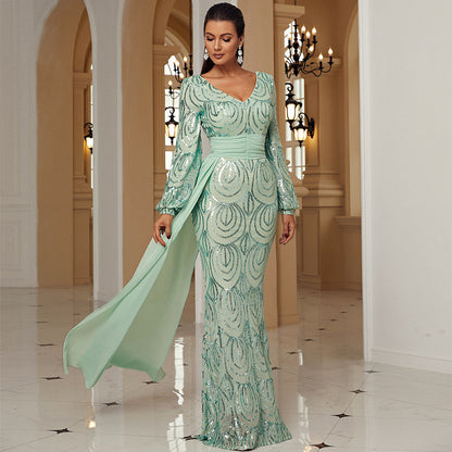 Women's Long Sleeve Sexy Sequined Banquet Ribbon Dresses