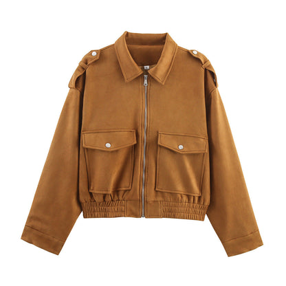 Women's Pocket Decorative Suede Texture Zipper For Jackets
