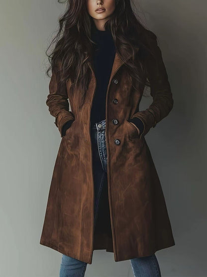 Women's Lapel Western Style Suede Long Trench Coats