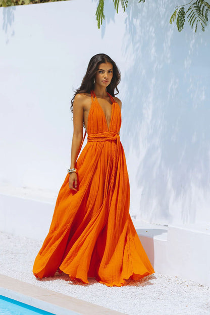 Women's Sexy Backless Lace Up Solid Color Dresses