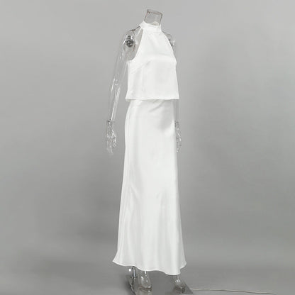 Acetate Satin White Sleeveless Halter Fishtail Suits