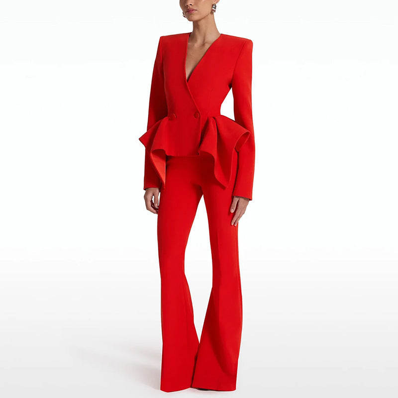 Stylish Designer Ruffle Slim Two-piece Set Suits