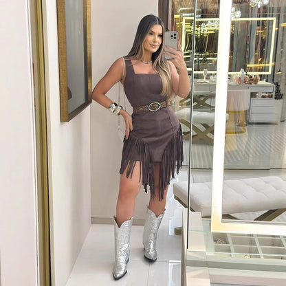 Women's Square Collar Sling Tassel Dress Without Dresses