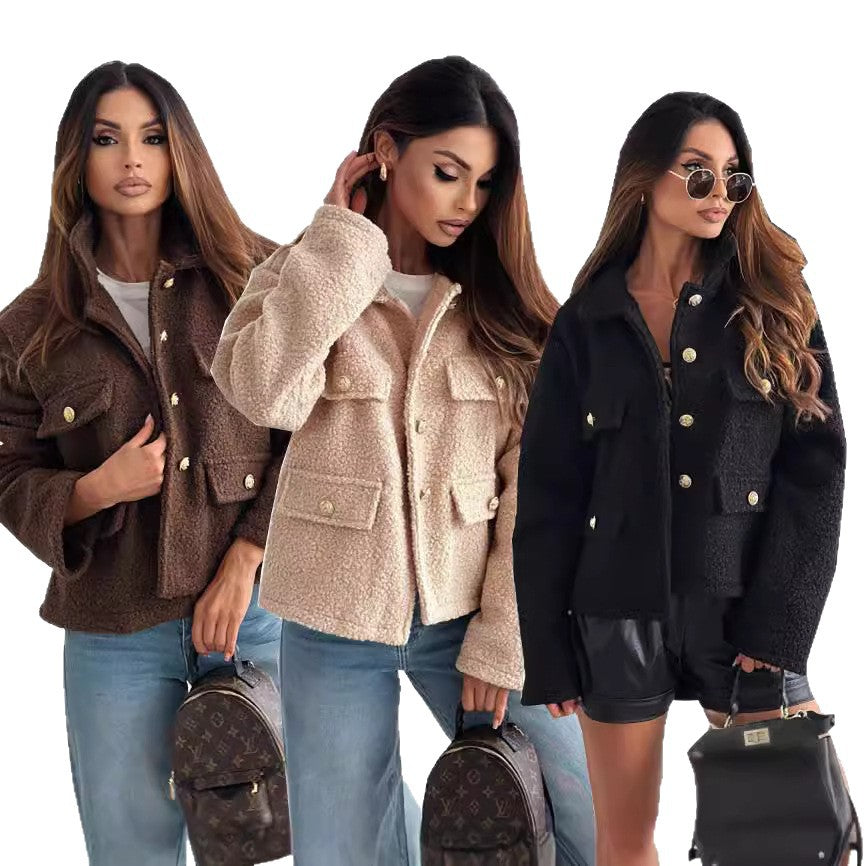 Women's Popular Lapel Button Decorations Cashmere Coats