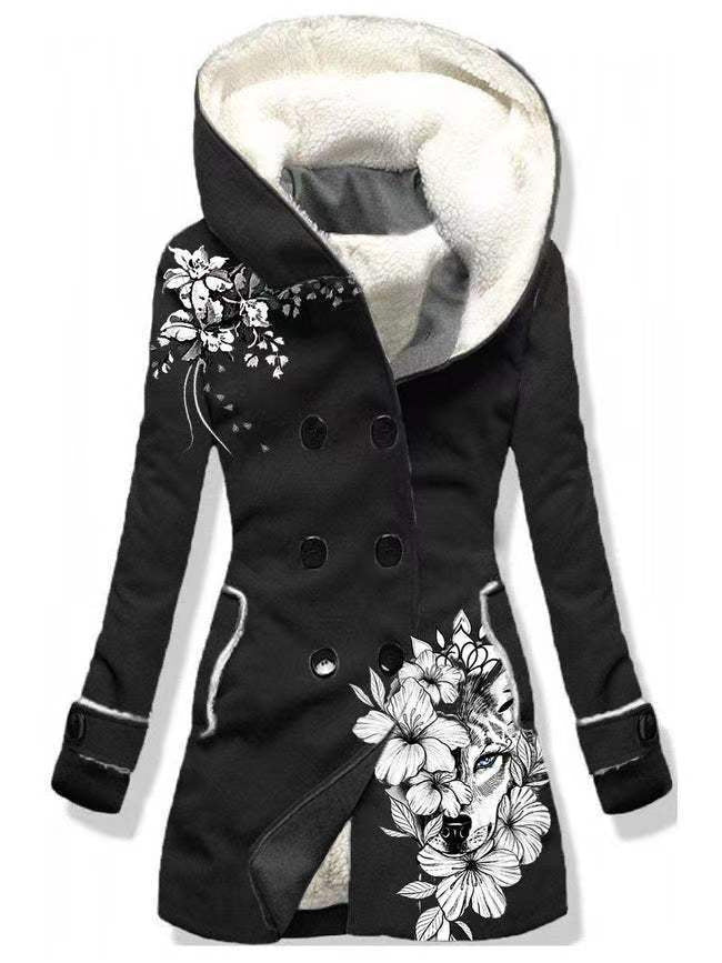 Women's Fleece-lined Double-breasted Hooded Solid Color Mid-length Coats