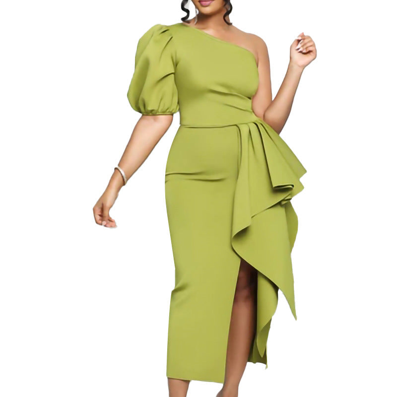 Women's Summer Temperament Puff Sleeve Banquet Slit Dresses