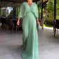 Women's Color Pleated Bat Sleeve High Waist Big Swing Long Dresses