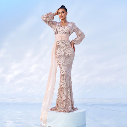 Women's Long Sleeve Sexy Sequined Banquet Ribbon Dresses
