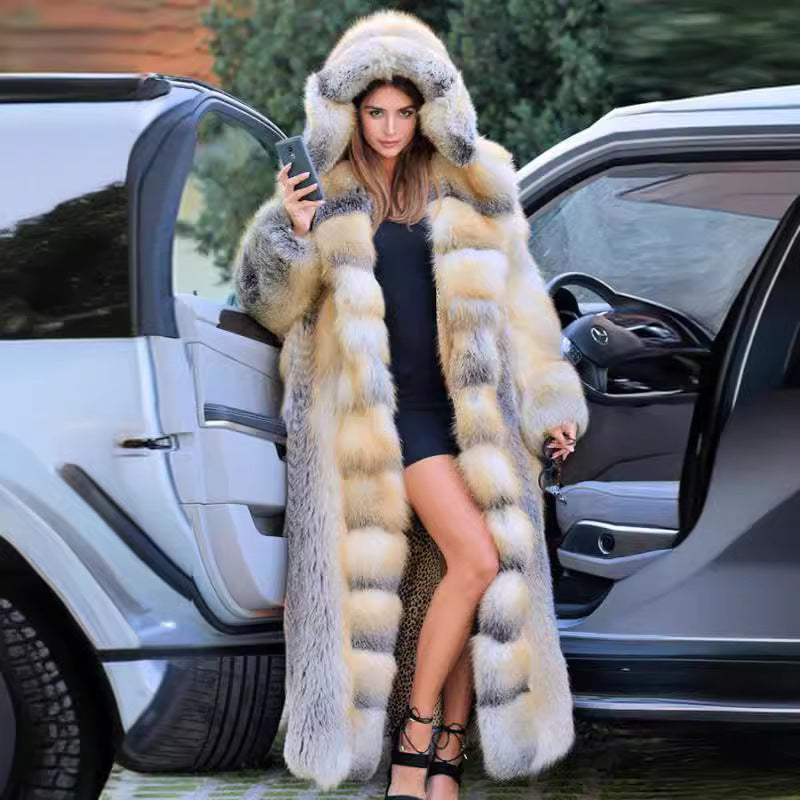 Women's Long Hooded Stitching Faux Fur Autumn Coats