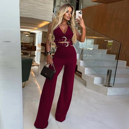 Women's Fashion Wear Decorative Buckle Belt Trousers Tops
