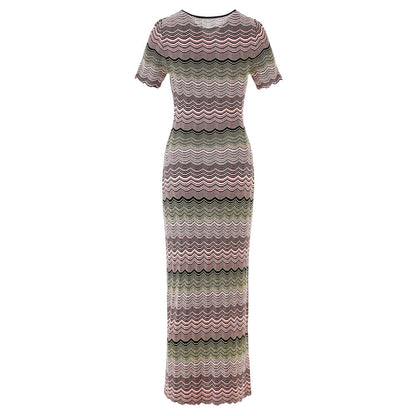 Gradient Color Stitching High Elastic Sleeve Knitted Dresses