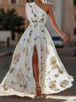 Women's Oblique Shoulder Digital Printing Sleeveless Belt Dresses