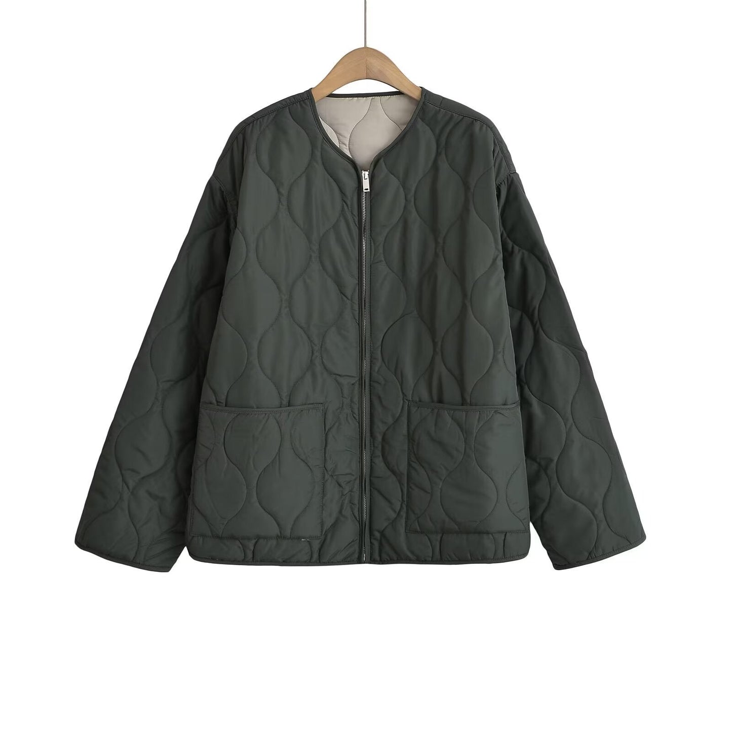 Women's Loose Cotton Quilted Fashion Zipper Thin Coats