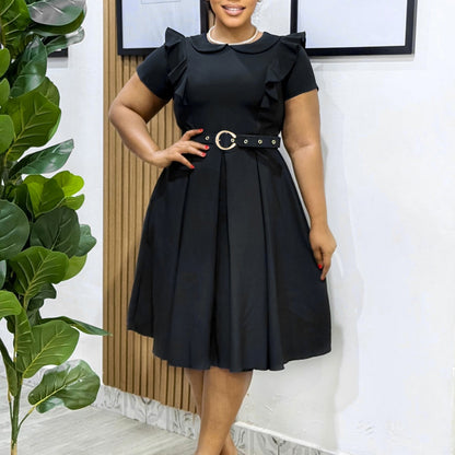 Women's Short-sleeved Doll Collar Solid Color Ruffled High Dresses