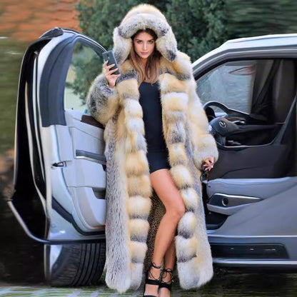 Women's Long Hooded Stitching Faux Fur Autumn Coats