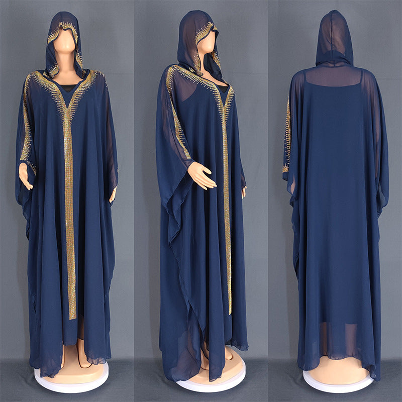 Women's Rhinestone Hooded Large Swing Dress Arab Dresses