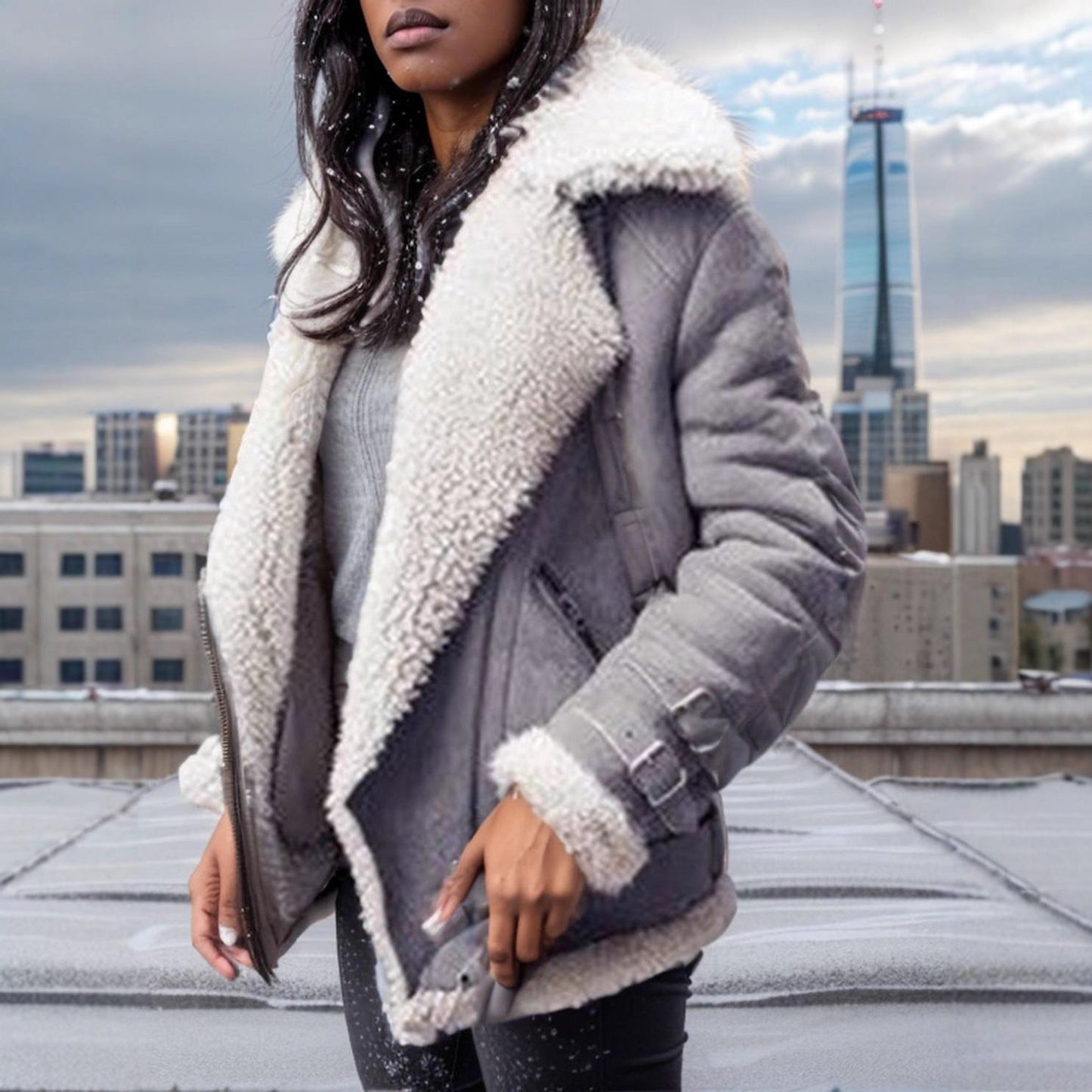 Women's Motorcycle Suede Lamb Wool Lapel Fur Coats