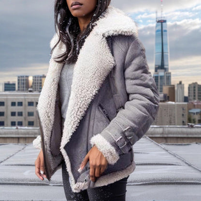 Women's Motorcycle Suede Lamb Wool Lapel Fur Coats