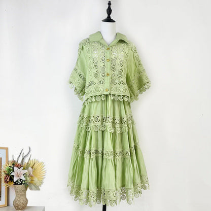 Cut-out Ruffles Shirt Elastic Waist A- Suits