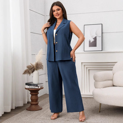 Women's Summer Green Sleeveless Wide Leg Casual Suits