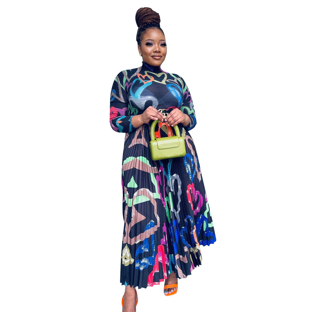 Women's Large Long-sleeved Printed Pleated Two-piece Suits