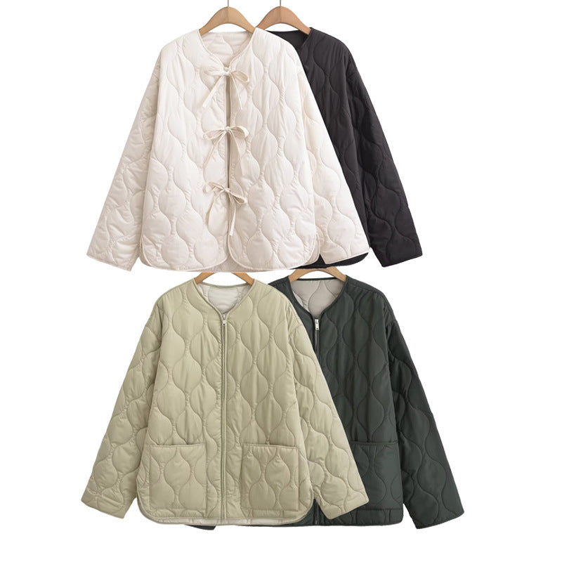 Women's Loose Cotton Quilted Fashion Zipper Thin Coats