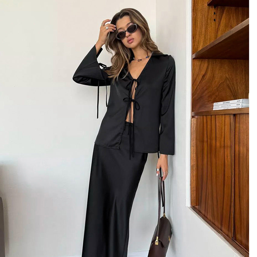 Women's Elegant Long Two-piece Spring Satin Suits