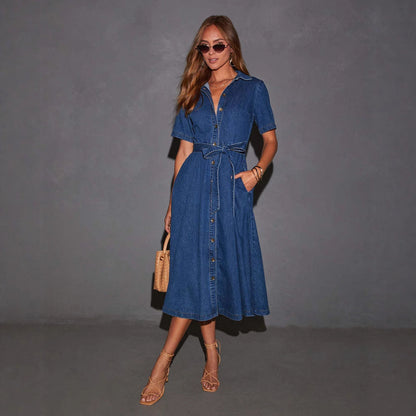Women's Retro Denim Dress Long Fashionable French Dresses