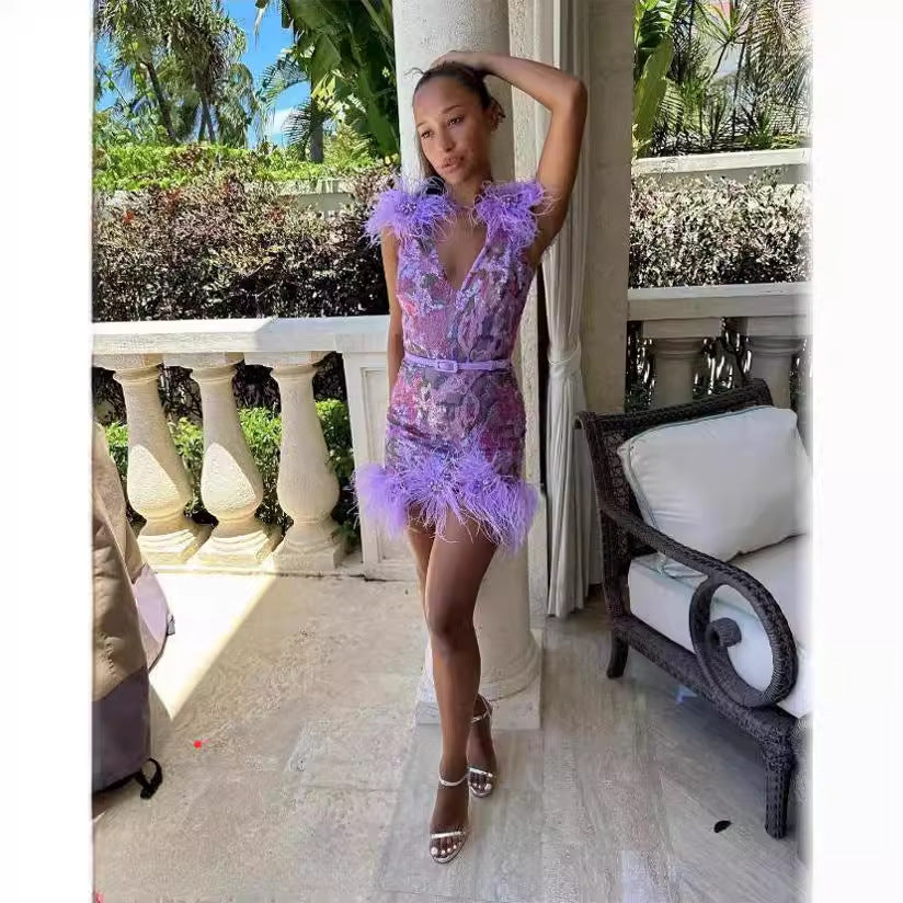 Feather Rhinestone Sexy Sleeveless Purple Dress Shorts