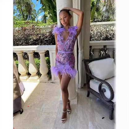 Feather Rhinestone Sexy Sleeveless Purple Dress Shorts