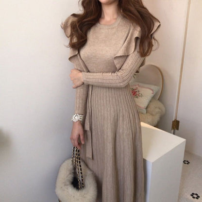 Attractive Elegant Ruffled Knitted Dress Mid-length Dresses