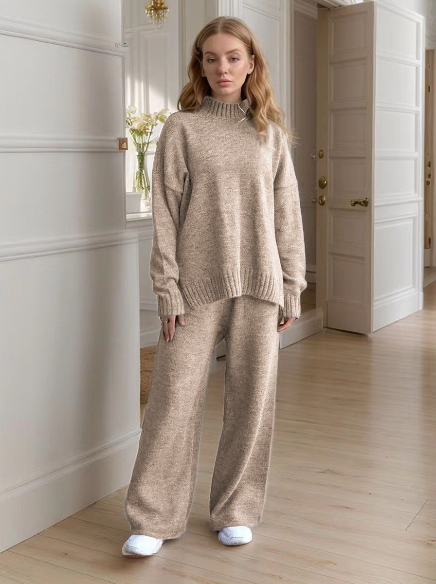 Women's Knitted Turtleneck Loose Long Sleeve Trousers Suits