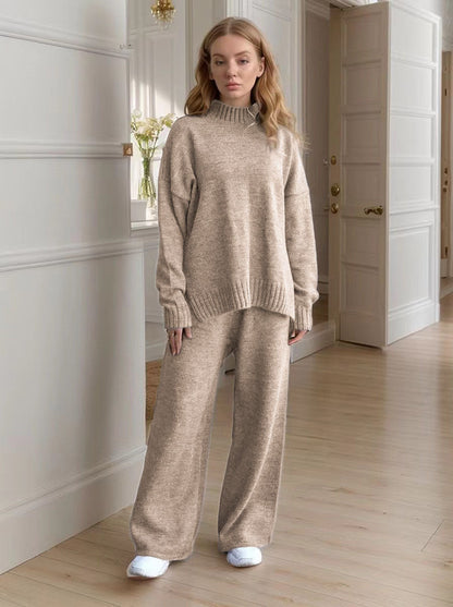 Women's Knitted Turtleneck Loose Long Sleeve Trousers Suits