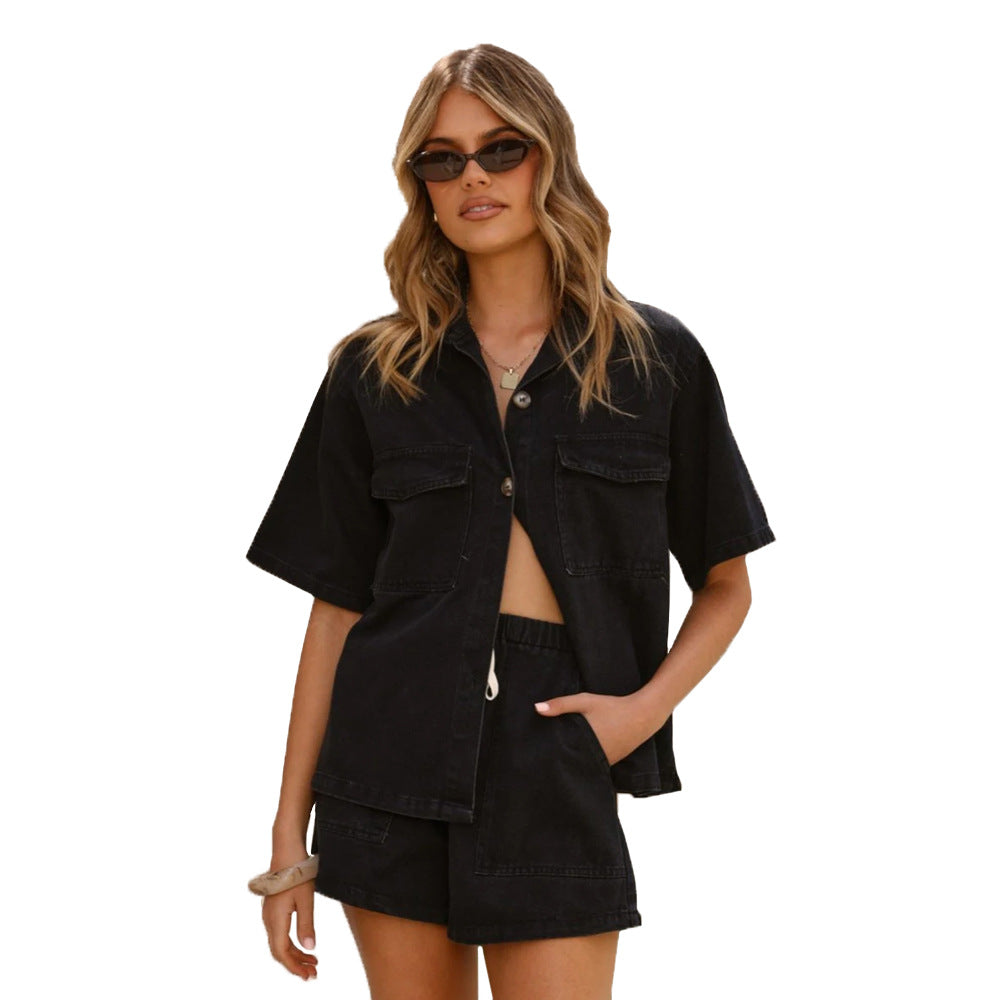 Women's Casual Loose Pockets Short-sleeved Shirt Denim Suits