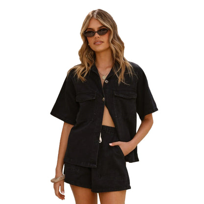 Women's Casual Loose Pockets Short-sleeved Shirt Denim Suits