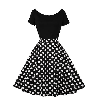 Sleeve Stitching Contrast Color Retro Polka Dresses