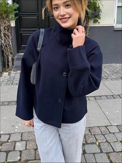 Women's Elegant Stand Collar Button Long-sleeved Woolen Coats